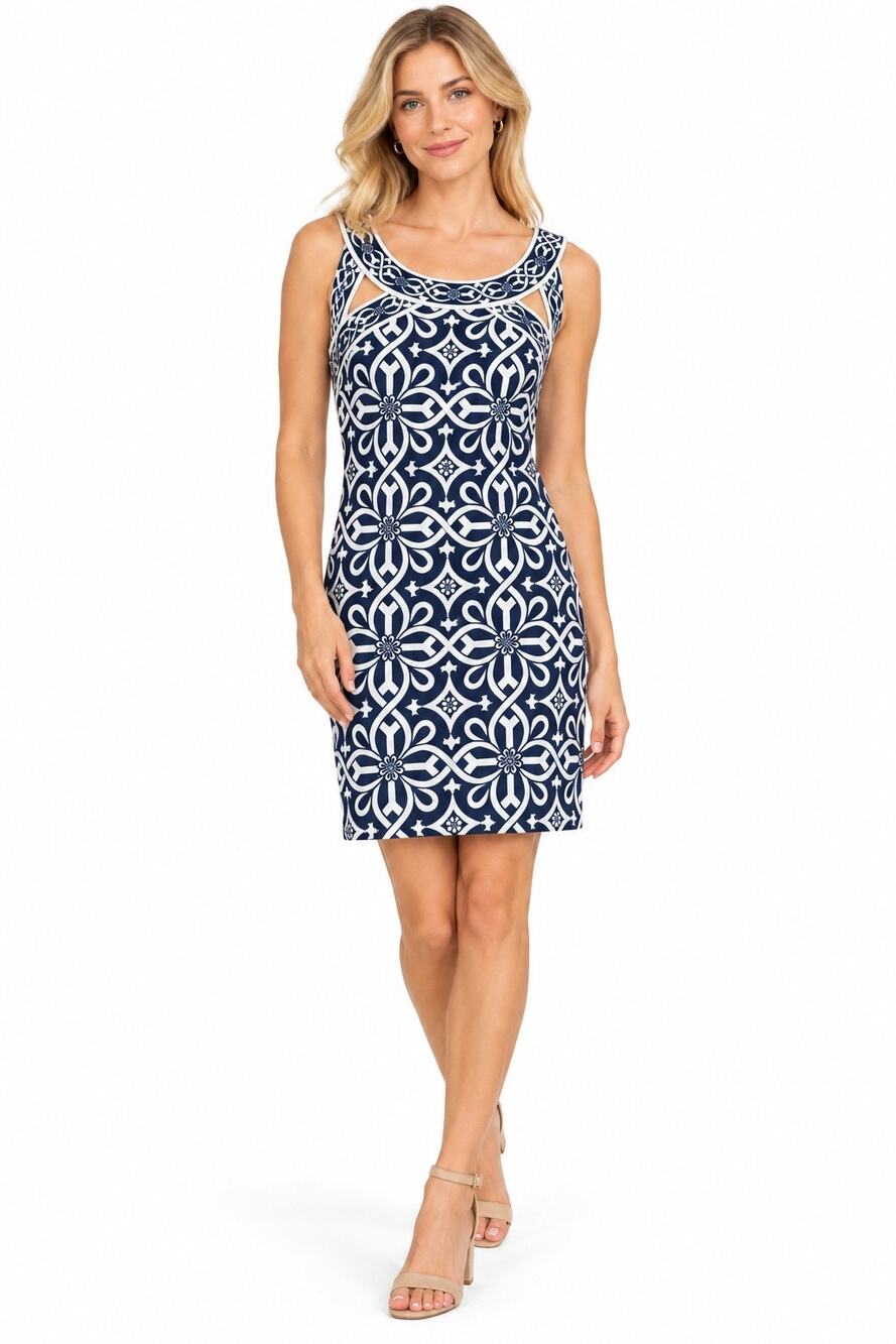 NWT Gretchen Scott Isosceles Cutout Sleeveless Knee Length Dress in Piazza Navy